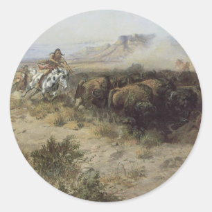 Sticker Rond Chasse au bison no 26 par CM Russell, Indiens Vint