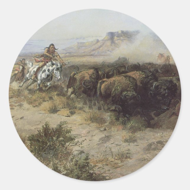 Sticker Rond Chasse au bison no 26 par CM Russell, Indiens Vint (Devant)