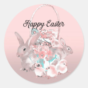 Sticker Rond Chasse aux œufs de Pâques bruns roses Fête d'anniv