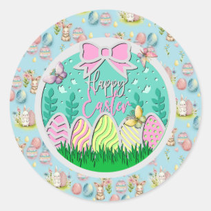 Sticker Rond Chasse aux oeufs de Pâques mignonne et papillons c