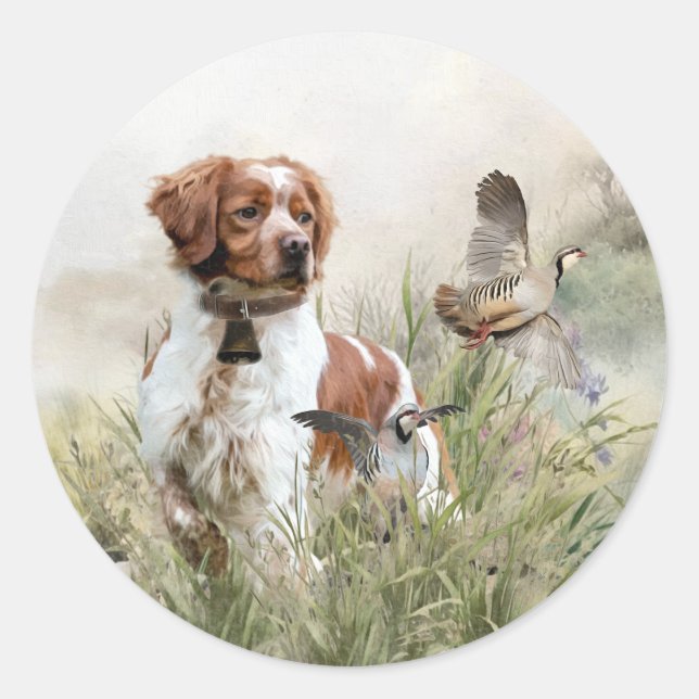 Sticker Rond Chasse avec un chien breton, Art (Devant)