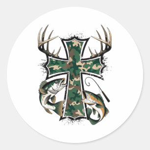 Sticker Rond Chasse Pêche Foi - Chasseur Pêcheur Chrétien