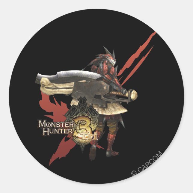 Sticker Rond Chasseur féminin avec Switch Ax, Armoirie Rathalos (Devant)