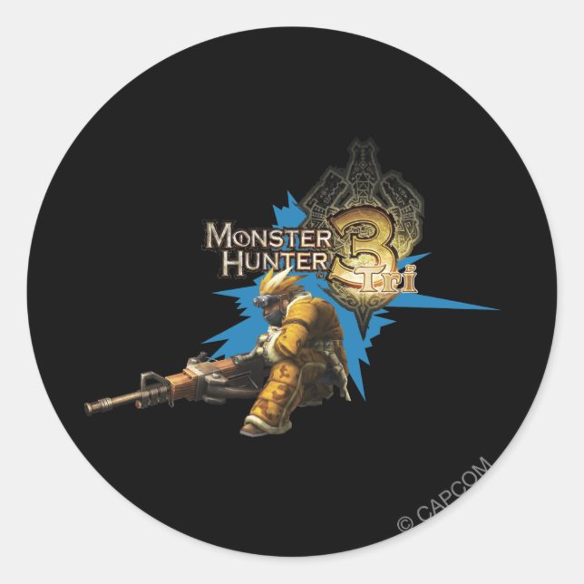 Sticker Rond Chasseur masculin avec Bowgun, Gros Gunner avec Lu (Devant)