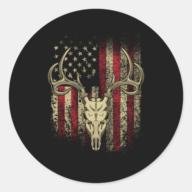Sticker Rond Chasseurs De Cerfs Crâne De Cerf Sur Drapeau Améri (Devant)