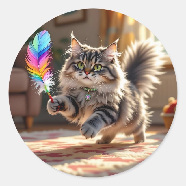 Sticker Rond Chat à la luffée mignonne à la recherche d'une plu (Devant)