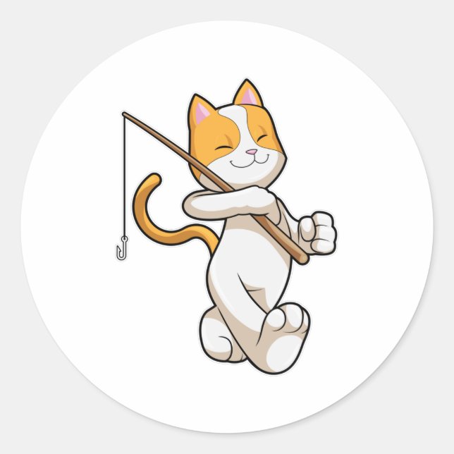 Sticker Rond Chat à la pêche avec bâton de pêche (Devant)