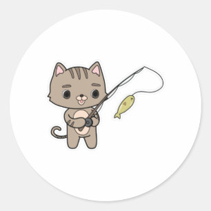 Sticker Rond Chat à la pêche avec bâton de pêche