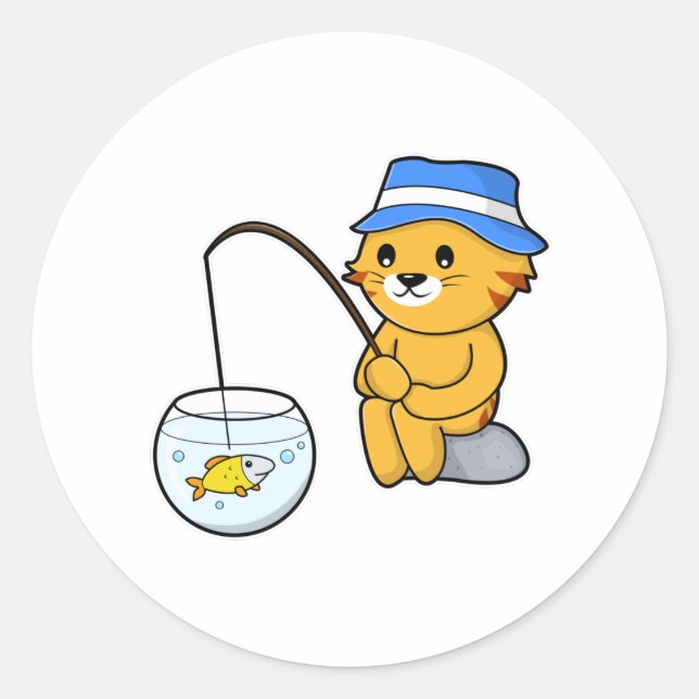 Sticker Rond Chat à la pêche avec du poisson en verre (Devant)