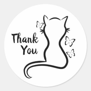 Sticker Rond Chat à l'encre et papillons Merci