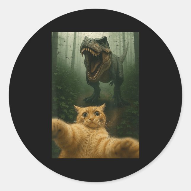 Sticker Rond Chat amusant Selfie Dinosaure mème Animaux Lover G (Devant)