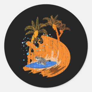 Sticker Rond Chat Animal de Surfeur Drôle Planche de Surf Océan