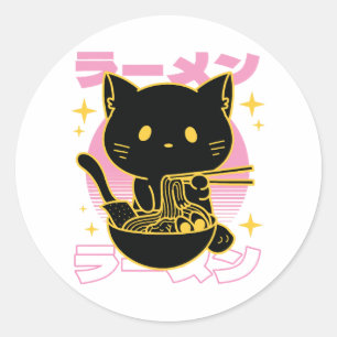 Sticker Rond Chat animal mangeant ramène nourriture