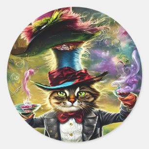 Sticker Rond Chat anthropomorphique Mad Hatter Imaginaire Fairy