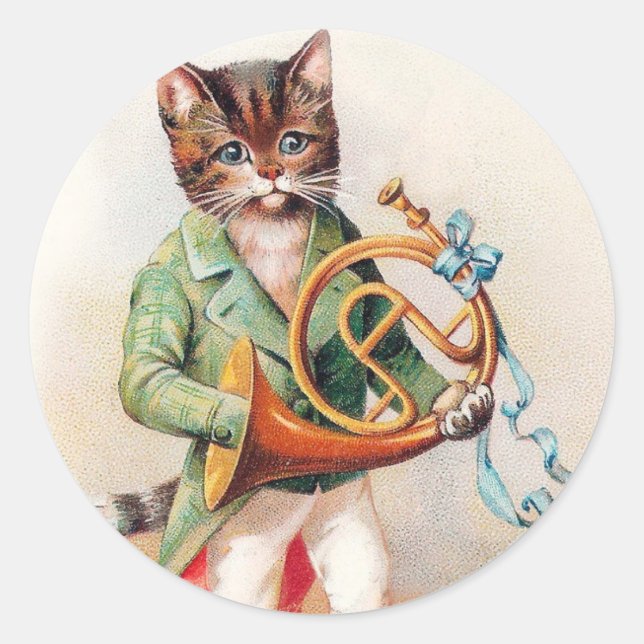 Sticker Rond Chat anthropomorphique mignon avec Corne française (Devant)
