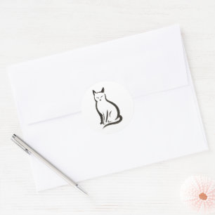 Sticker Rond Chat assis - Silhouette d'encre minimaliste sur