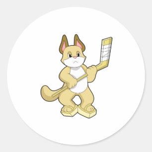 Sticker Rond Chat au hockey sur glace avec bâton de hockey sur 