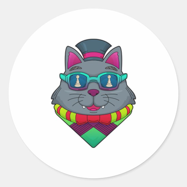 Sticker Rond Chat aux échecs avec pièce d'échecs Pawn (Devant)