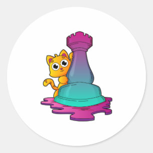Sticker Rond Chat aux échecs avec pièce d'échecs Roche