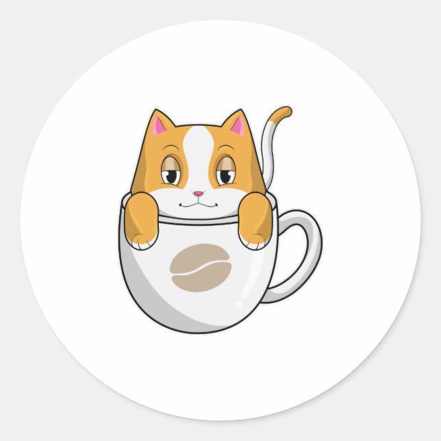 Sticker Rond Chat avec café Coupe (Devant)
