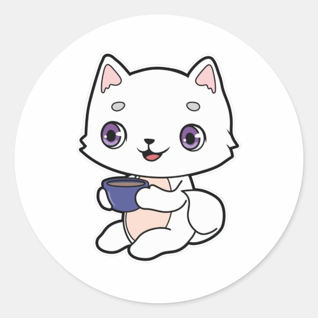 Sticker Rond Chat avec Coupe de Café (Devant)