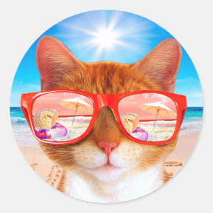 Sticker Rond Chat avec lunettes de soleil sur la plage
