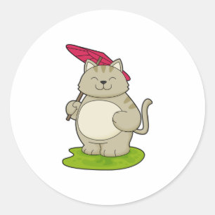 Sticker Rond Chat avec parapluie