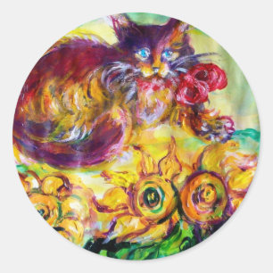 STICKER ROND CHAT AVEC RIBBON ROUGE ET SOUFFRES