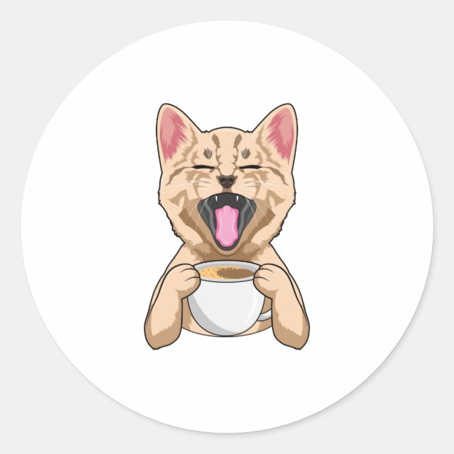 Sticker Rond Chat avec tasse de café (Devant)
