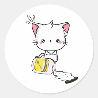 Sticker Rond Chat blanc amusant déversé mayonnaise