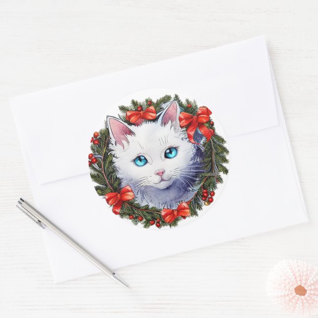 Sticker Rond Chat blanc dans la peinture aquarelle de la couron (Enveloppe)