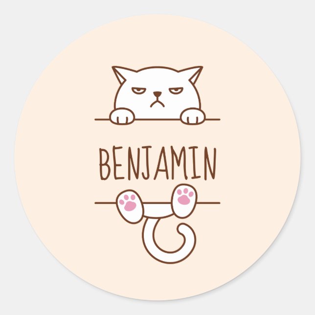 Sticker Rond Chat blanc en colère Beige Nom personnalisé (Devant)