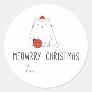 Sticker Rond Chat blanc mignon Santa Hat avec ornement de Noël