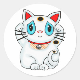 Sticker Rond Chat blanc montrant du doigt chanceux de Maneki