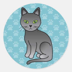 Sticker Rond Chat Bleu Russe aux Yeux Verts Assis