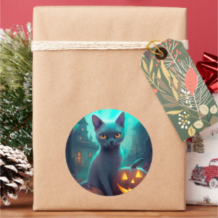 Sticker Rond Chat bleu russe Halloween avec citrouilles effraya