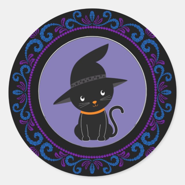 Sticker Rond Chat bleu violet noir avec un Casquette sorcier Ha (Devant)