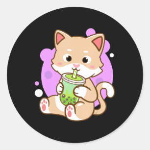 Sticker Rond Chat Boba Kawaii Bubble Tea Anime Neko Girls Teena
