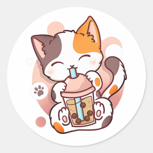 Sticker Rond Chat Boba Tea Bubble Tea Anime Kawaii Neko pour fi (Devant)