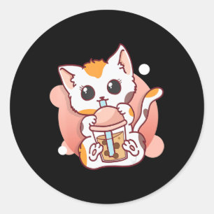 Sticker Rond Chat Boba Tea Bubble Tea Kawaii Anime Neko pour fi