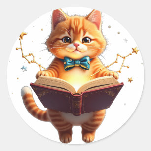 Sticker Rond Chat BookTok Cosmique Lisant dans le Livre de la G