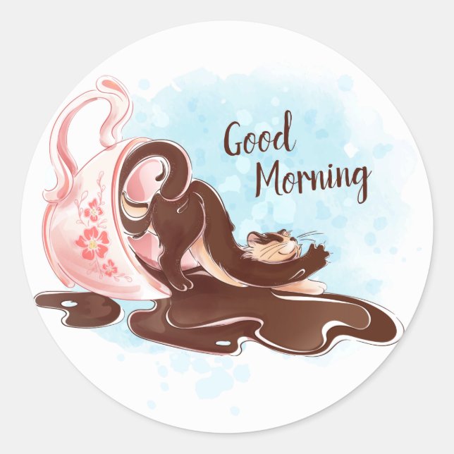 Sticker Rond Chat café aquarelle (Devant)