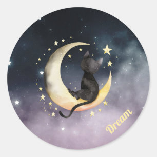 Sticker Rond Chat caricature mignon sur la lune