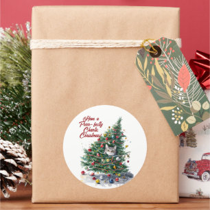 Sticker Rond Chat Chaos Arbre de Noël Design Aquarelle