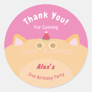 Sticker Rond Chat Chapeau de Fête Anniversaire Rose Merci Class