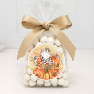 Sticker Rond Chat Citrouilles Automne Automne Orange Blanc