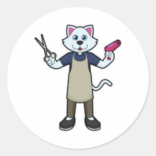 Sticker Rond Chat coiffeur avec ciseaux et sèche-cheveux