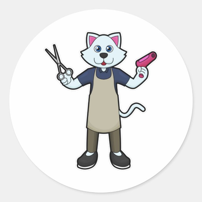 Sticker Rond Chat coiffeur avec ciseaux et sèche-cheveux (Devant)