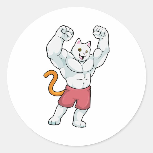 Sticker Rond Chat comme Bodybuilder avec de grands Muscles (Devant)