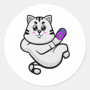 Sticker Rond Chat comme Bodybuilder avec Dumbbell